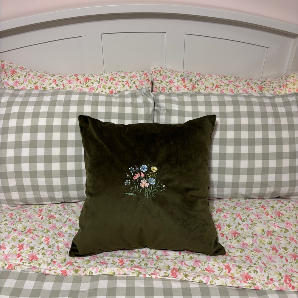 Hand Crafted Olive Green Velvet Accent Pillow with Embroidered Wildflowers